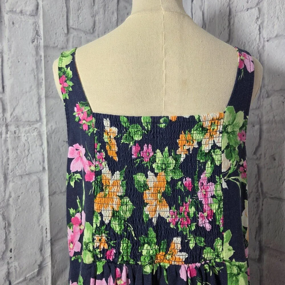 Old Navy Extra Large Navy Blue Floral Linen Blend Smocked Cottagecore Midi Dress - Picture 7 of 10